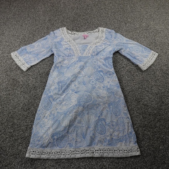 Lilly Pulitzer Dresses & Skirts - Lilly Pulitzer Dress Womens 10 White Blue Embroidered Sea Life Lace Trim V Neck